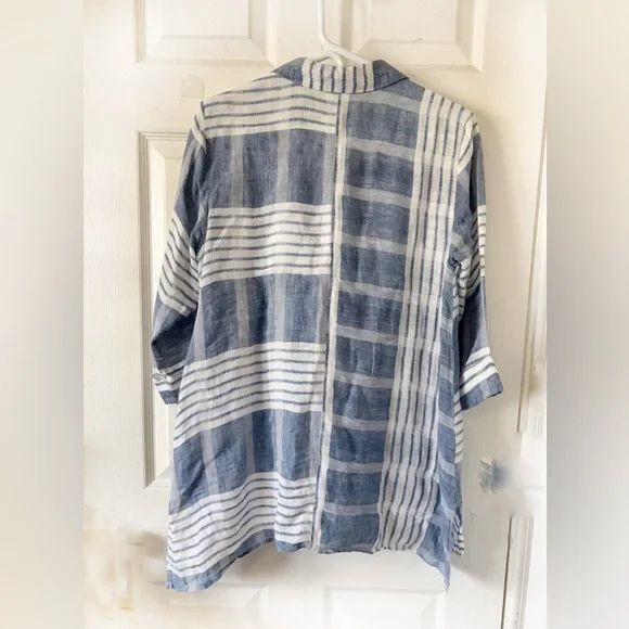 Habitat 100% Linen Blue and White Striped Shirt Button Down 3/4 Sleeves Sz S - Picture 2 of 8